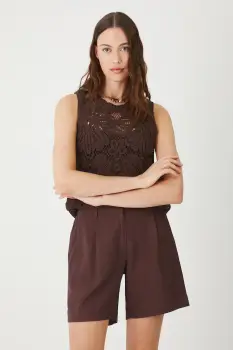 Medicine pantaloni scurti culoarea maro, high waist imagine