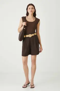 Medicine pantaloni scurti culoarea maro, neted, high waist imagine