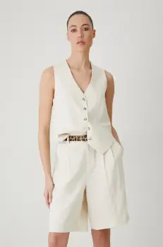 Medicine pantaloni scurti din amestec de in femei, culoarea bej, neted, high waist imagine