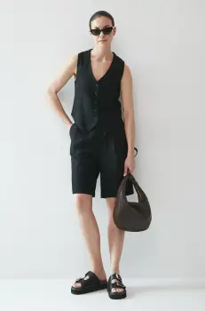 Medicine pantaloni scurti din amestec de in femei, culoarea negru, neted, high waist imagine