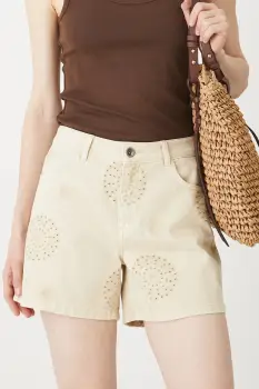 Medicine pantaloni scurti din bumbac culoarea bej, cu imprimeu, medium waist imagine