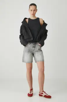 Medicine pantaloni scurti din bumbac femei, culoarea gri, neted, high waist imagine