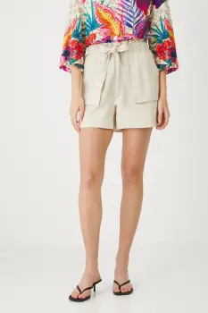 Medicine pantaloni scurti din in culoarea bej, neted, high waist imagine