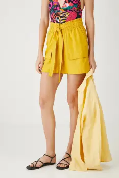 Medicine pantaloni scurti din in culoarea galben, neted, high waist imagine