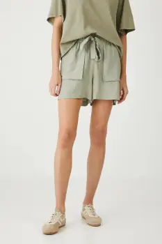 Medicine pantaloni scurti din in culoarea verde, neted, high waist imagine