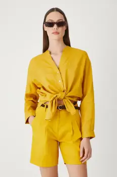 Medicine pantaloni scurti din in femei, culoarea galben, neted, high waist imagine