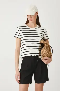 Medicine pantaloni scurti din in femei, culoarea negru, neted, high waist imagine