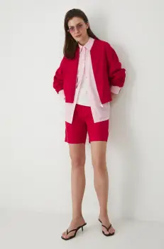 Medicine pantaloni scurti din in femei, culoarea rosu, neted, high waist imagine