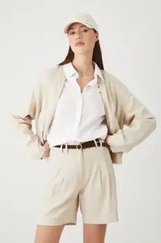 Medicine pantaloni scurti din in femei, culoarea verde, neted, high waist imagine