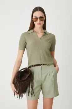 Medicine pantaloni scurti din in femei, culoarea verde, neted, high waist imagine