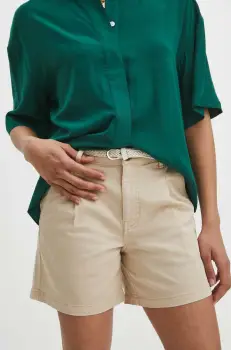 Medicine pantaloni scurti femei, culoarea bej, neted, medium waist imagine