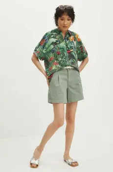 Medicine pantaloni scurti femei, culoarea turcoaz, neted, medium waist imagine