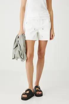 Medicine pantaloni scurti jeans culoarea alb, cu imprimeu, medium waist imagine