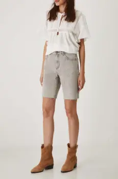 Medicine pantaloni scurti jeans femei, culoarea gri, neted, medium waist imagine