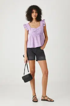 Medicine pantaloni scurti jeans femei, culoarea negru, neted, medium waist imagine