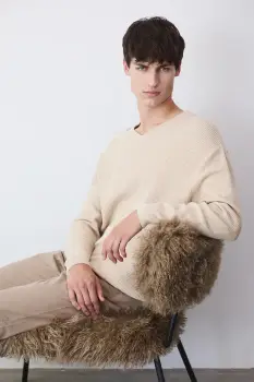 Medicine pulover de bumbac culoarea bej imagine