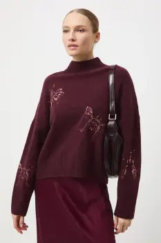 Medicine pulover din amestec de lana culoarea bordo, cu turtleneck imagine