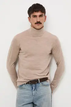 Medicine pulover din lana merino culoarea bej, light, cu guler imagine