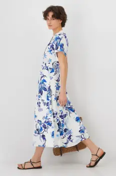 Medicine rochie din amestec de in culoarea alb, midi, evazati imagine