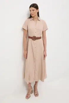 Medicine rochie din amestec de in culoarea bej, midi, evazati imagine