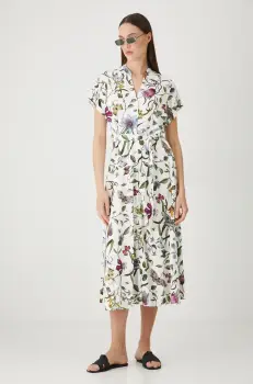 Medicine rochie din amestec de in culoarea bej, midi, evazati imagine