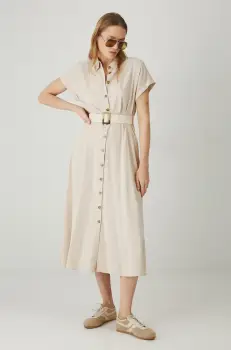 Medicine rochie din amestec de in culoarea bej, midi, evazati imagine