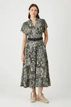 Medicine rochie din amestec de in culoarea negru, midi, evazati imagine