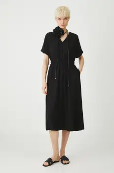 Medicine rochie din amestec de in culoarea negru, midi, mulata imagine