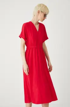 Medicine rochie din amestec de in culoarea rosu, midi, mulata imagine