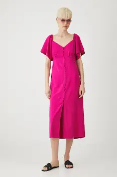 Medicine rochie din amestec de in culoarea roz, midi, evazati imagine