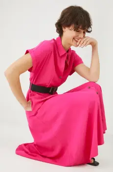 Medicine rochie din amestec de in culoarea roz, midi, evazati imagine