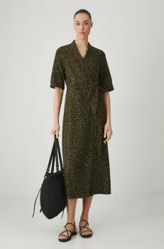 Medicine rochie din amestec de in culoarea verde, midi, evazati imagine