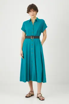 Medicine rochie din amestec de in culoarea verde, midi, evazati imagine