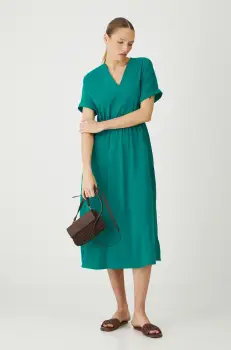 Medicine rochie din amestec de in culoarea verde, midi, mulata imagine