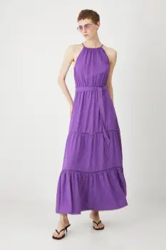 Medicine rochie din amestec de in culoarea violet, maxi, evazata imagine