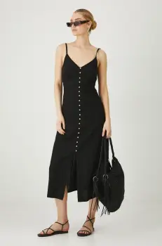 Medicine rochie din in culoarea negru, midi, mulata imagine
