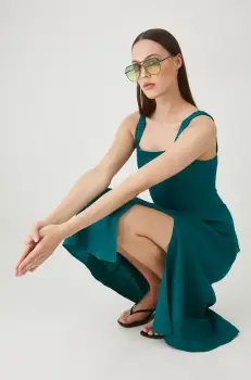 Medicine rochie din in culoarea verde, midi, evazati imagine