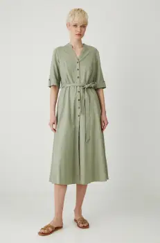 Medicine rochie din in culoarea verde, midi, evazati imagine