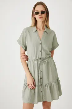 Medicine rochie din in culoarea verde, mini, evazata imagine