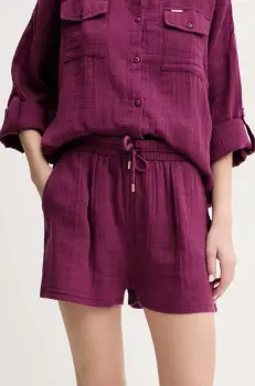 Melissa Odabash pantaloni scurti din bumbac femei, culoarea violet, uni, high waist, Abbie imagine