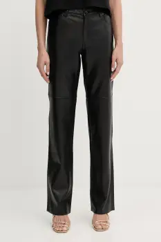 MICHAEL Michael Kors pantaloni de piele culoarea negru, drept, high waist, MT530UWFAF imagine
