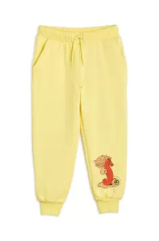 Mini Rodini pantaloni de trening din bumbac pentru copii culoarea galben, cu imprimeu imagine