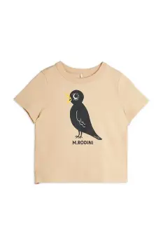 Mini Rodini tricou de bumbac pentru copii Blackbird culoarea bej, cu imprimeu, 2562013713 imagine