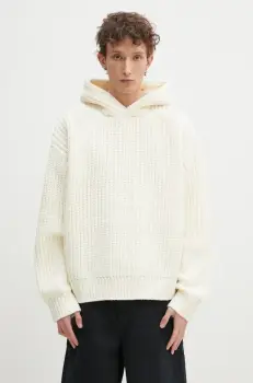 MKI MIYUKI ZOKU pulover din amestec de lana Chunky Rib Knit Hoody barbati, culoarea bej, CHUNKY.RIB.KNIT.HOODY.O imagine