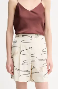 MM pantaloni scurti din bumbac femei, culoarea bej, cu imprimeu, high waist, 2516141018600 imagine