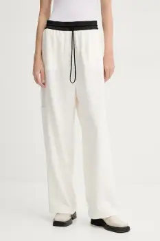 MMC STUDIO pantaloni femei, culoarea bej, drept, high waist, LINEN imagine