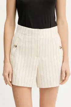 Morgan pantaloni scurti din amestec de in culoarea bej, cu imprimeu, high waist, SHIZ.F imagine