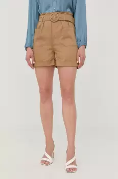 Morgan pantaloni scurti femei, culoarea bej, neted, high waist imagine