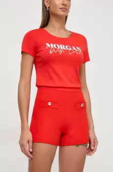 Morgan pantaloni scurti femei, culoarea rosu, neted, high waist imagine