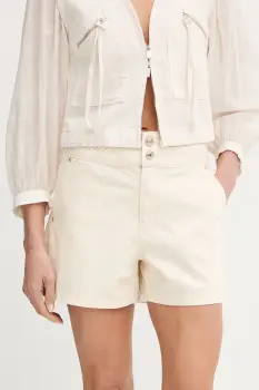 Morgan pantaloni scurti jeans culoarea bej, uni, high waist, SHOBO imagine